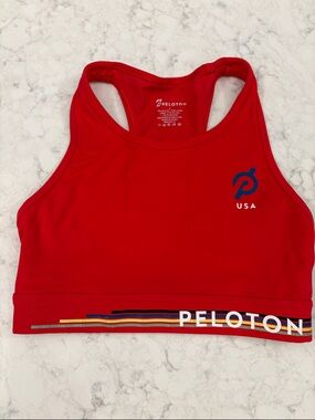 Peloton Red Racerback USA Sports Bra with Multicolor Stripe Band